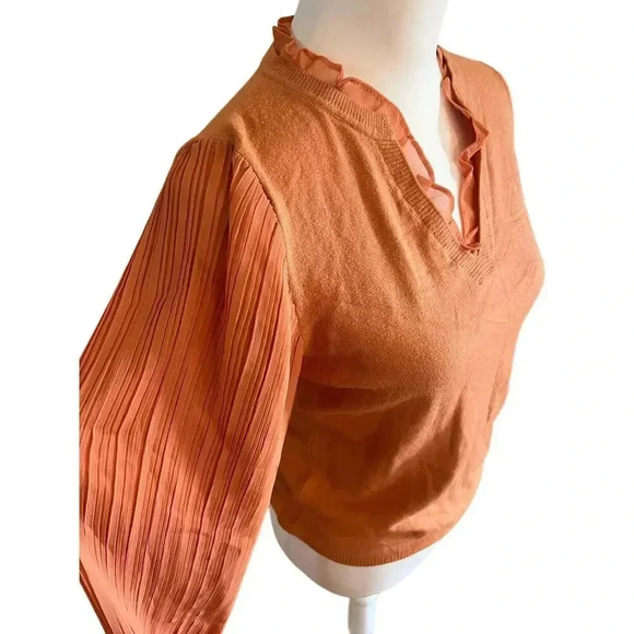 SIAMI MILANO light knit sweater with chiffon blouse sleeve ruffled colla small - Picture 2 of 8